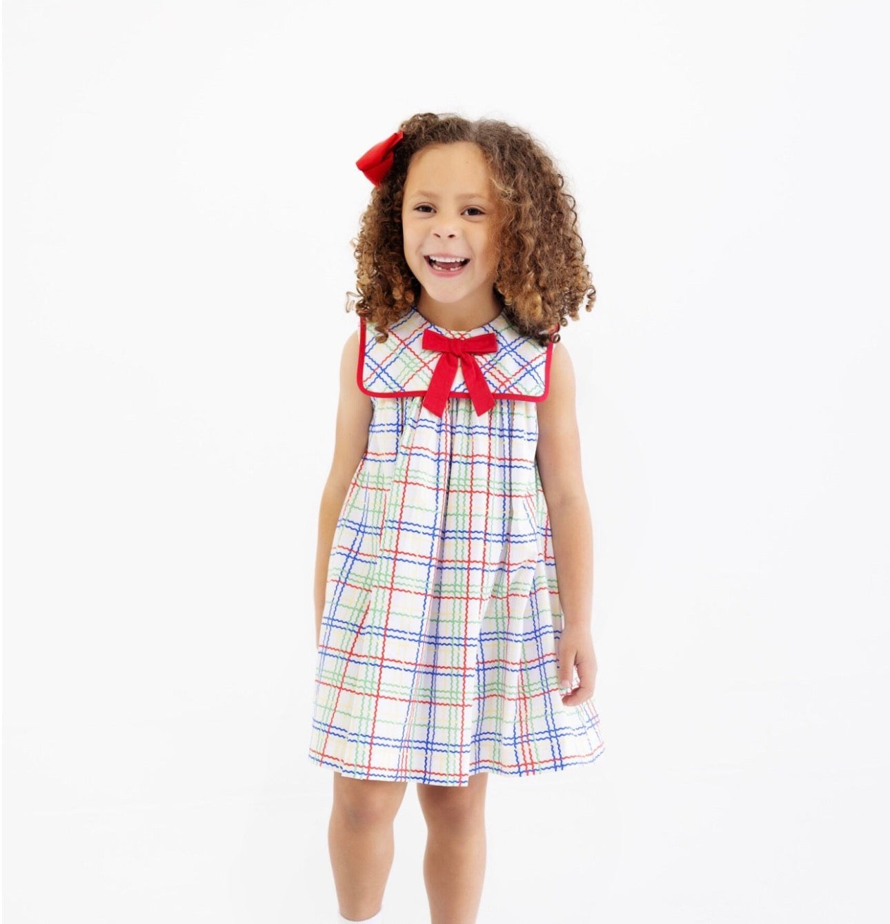 Sleeveless Stewart's Square Collar Dress Wellington Windowpane/Richmond Red