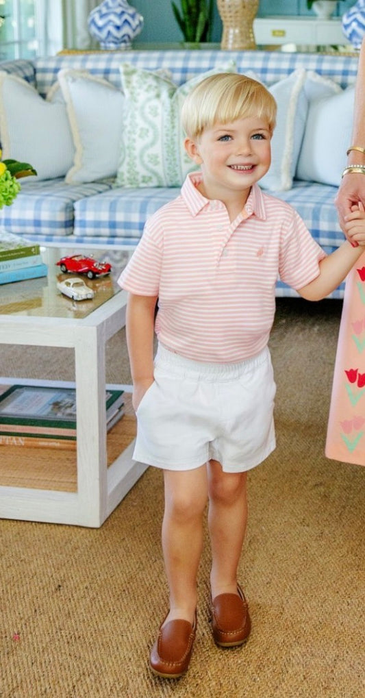 Prim and Proper Polo SS- Sanibel Salmon Stripe/Pompano Peach