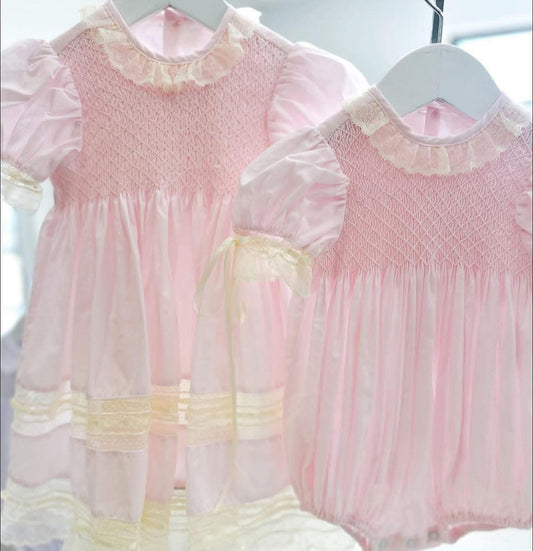 Margaret Bubble- Spring Pink Batiste with Ecru Smocking and Lace