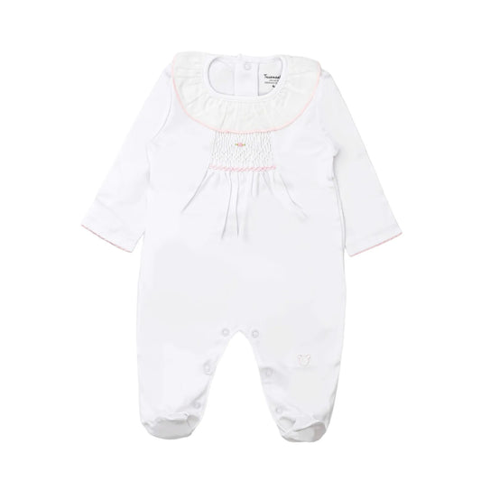Sweetly Smocked Pima Footie, White & Pink