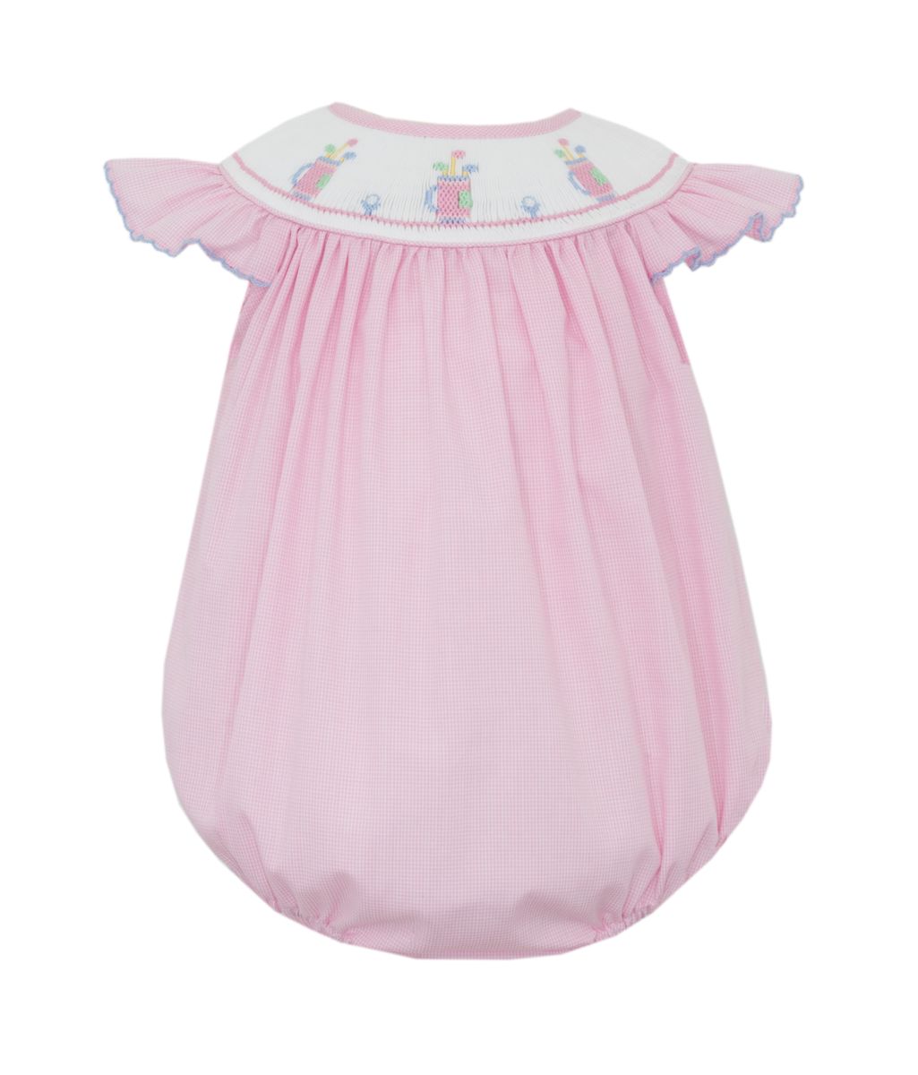 Golf Smocked Bubble - Angel Sleeve Woven Microcheck Pink