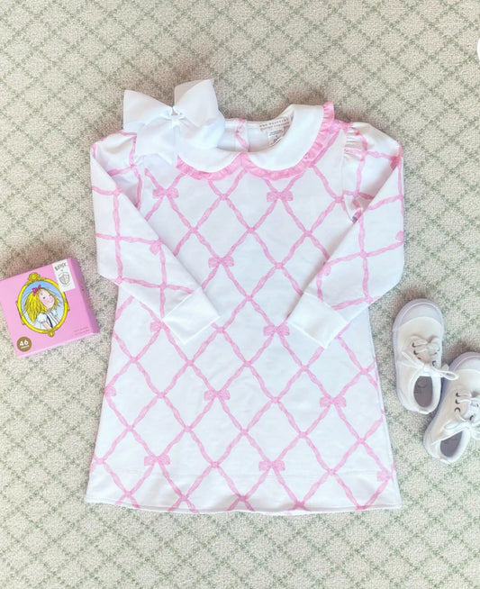 Maudes Ruffle Cassidy Comfy Crewneck Dress-Belle Meade Bow/Worth Ave White/Pier Pink