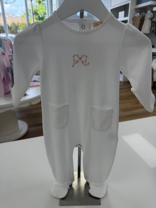 Pretty Bows Embroidered Footie with Pocket and Crochet Trim