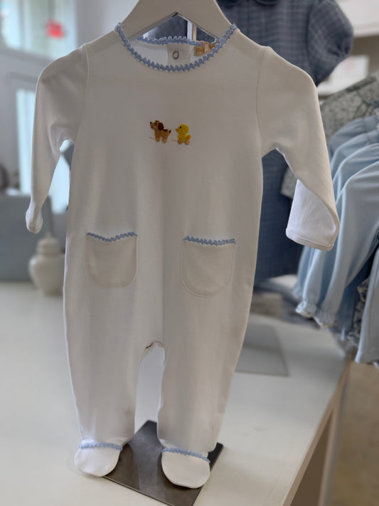Toy Parade Embroidered Footie with Pocket and Crochet Trim