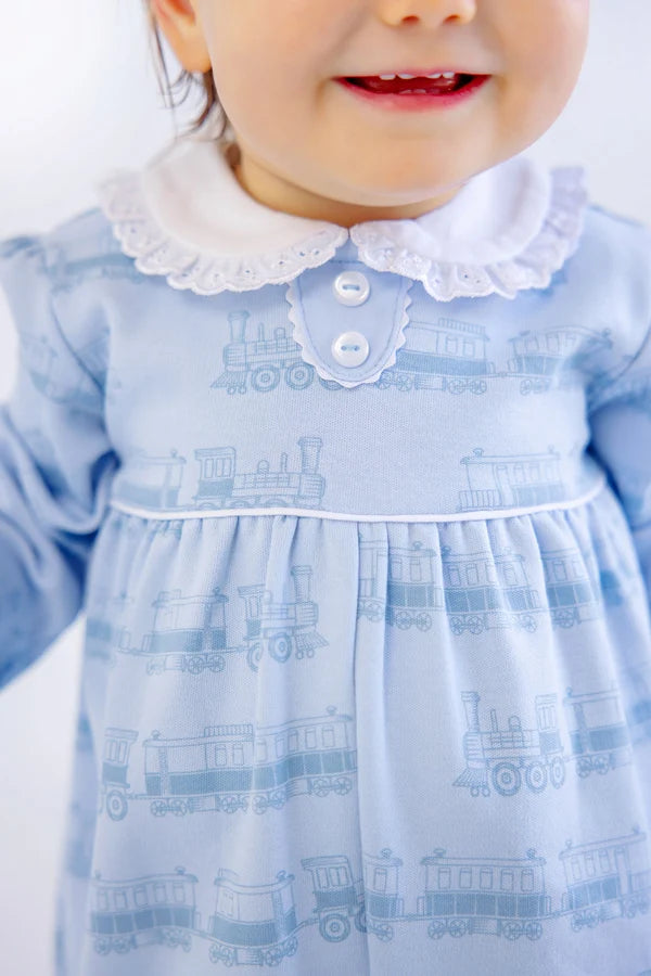 Long Sleeve Mary Dal Romper- Blue Choo Choos/Worth Ave White