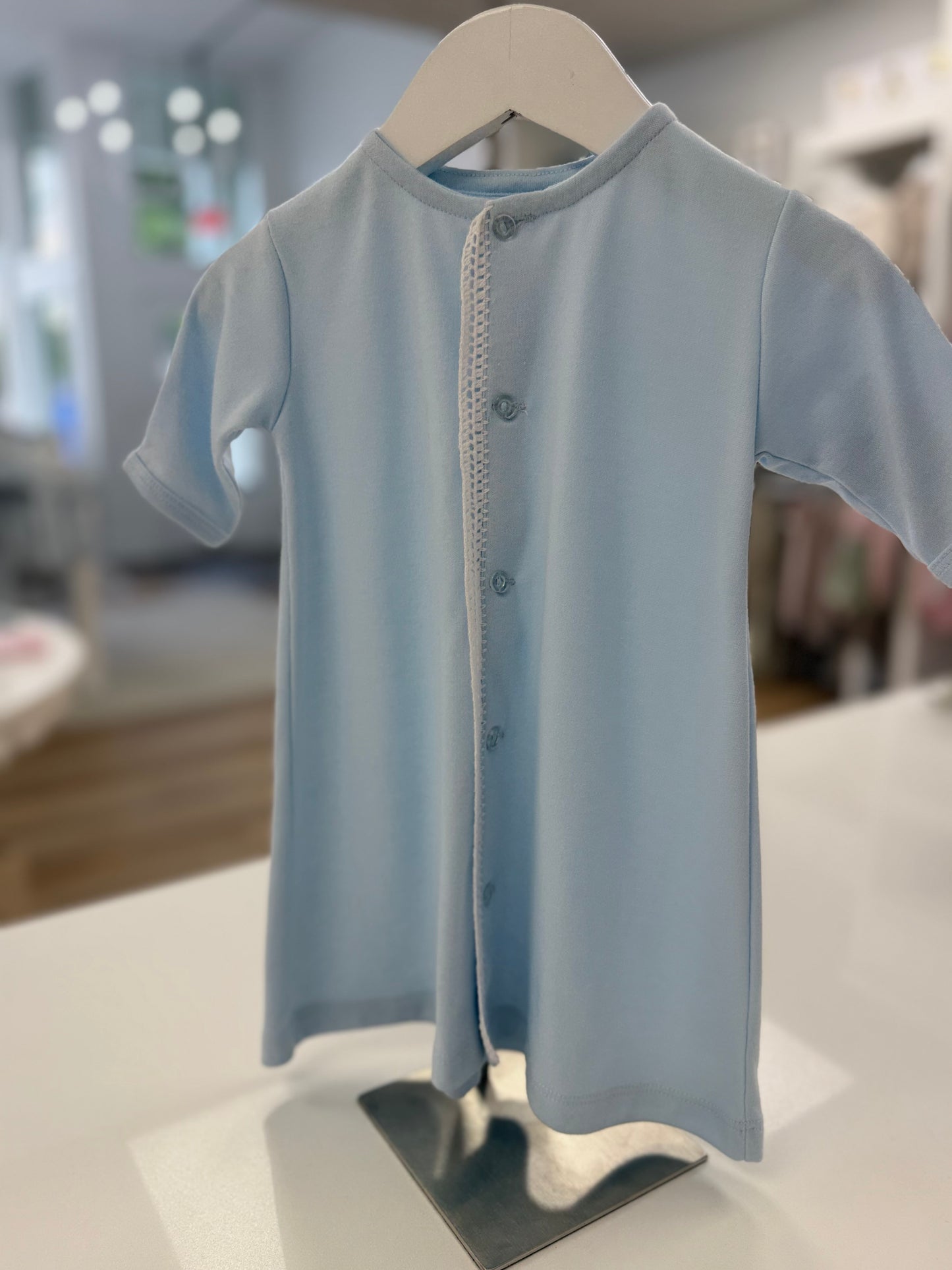 Blue Knit Daygown with Crochet Trim
