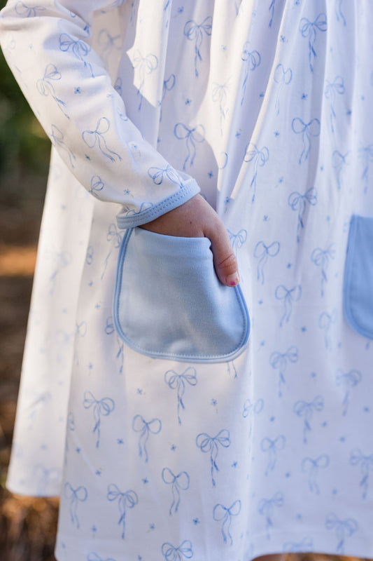 Lennon Pocket Dress- Blue Bows Knit
