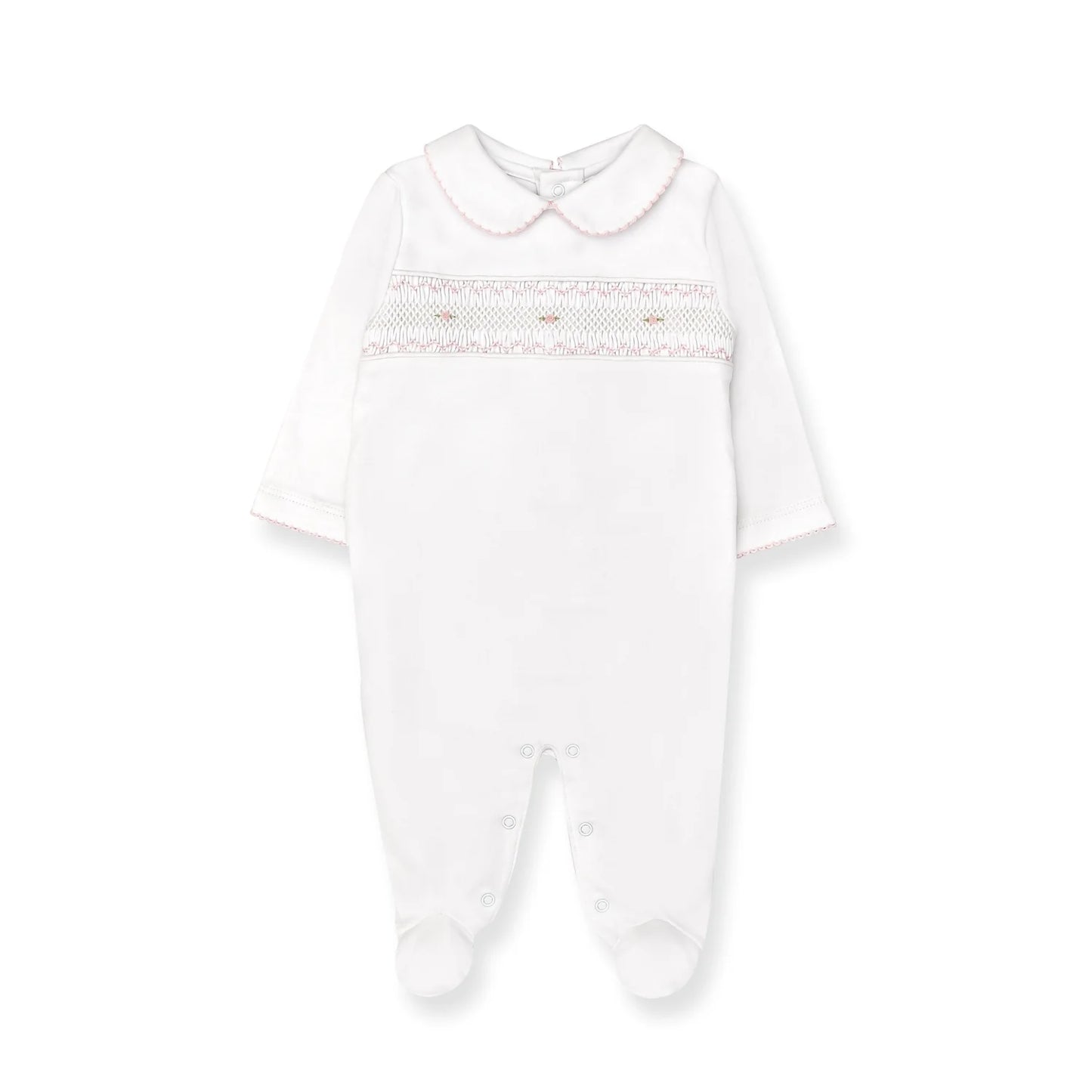 Hand Smocked Pima Playsuit, White & Pink