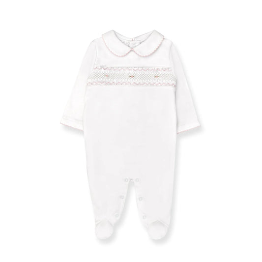 Hand Smocked Pima Playsuit, White & Pink