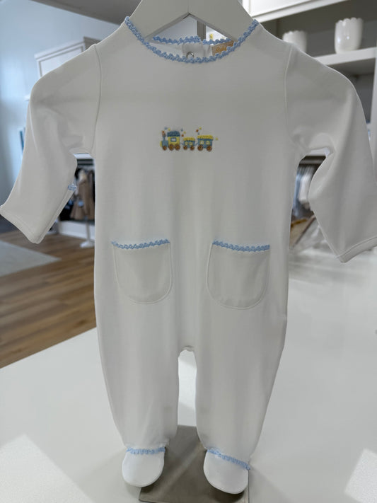 Train Embroidered Footie with Pocket and Crochet Trim