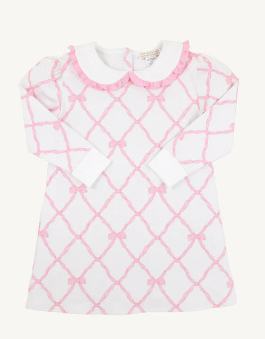 Maudes Ruffle Cassidy Comfy Crewneck Dress-Belle Meade Bow/Worth Ave White/Pier Pink