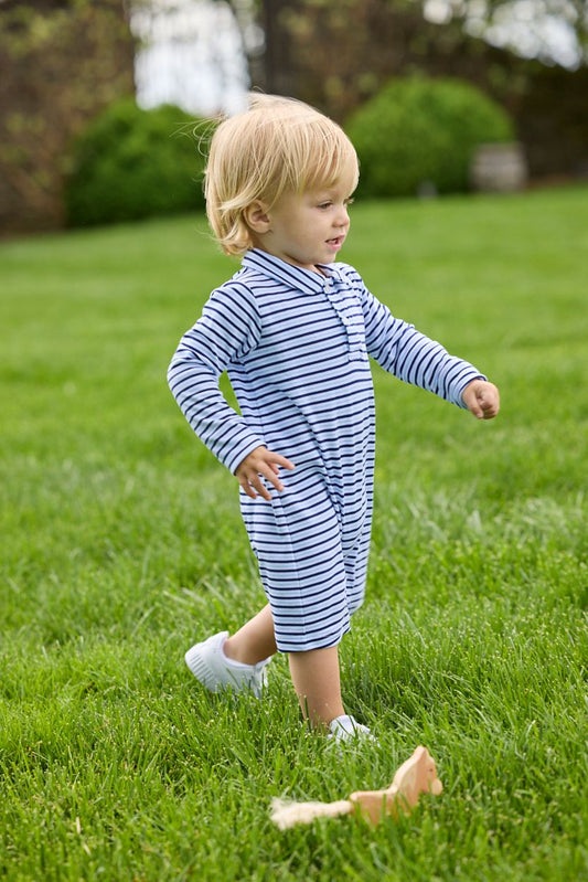 Long Sleeve Pleated Peter Pan Romper- Winslow Stripe