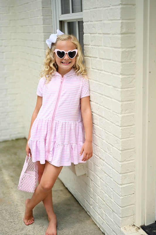 Little Girls Pink Terrycloth Coverup - Pink Stripe