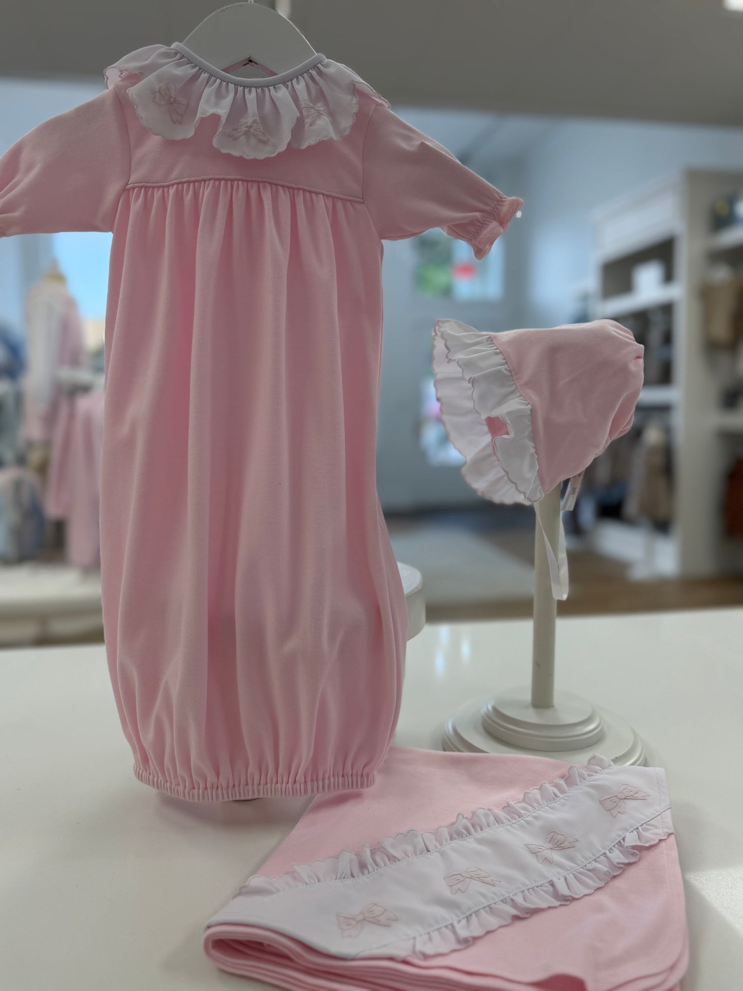 Pink Bows Knit Take Home Set (Gown and Bonnet)