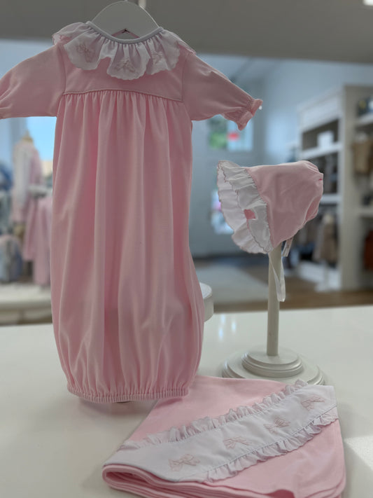 Pink Bows Knit Take Home Set (Gown and Bonnet)