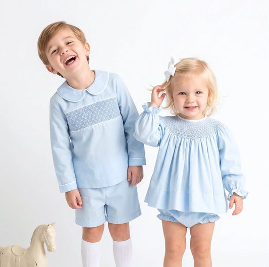 Liam Short Set - Birmingham Blue Pique, Smocking