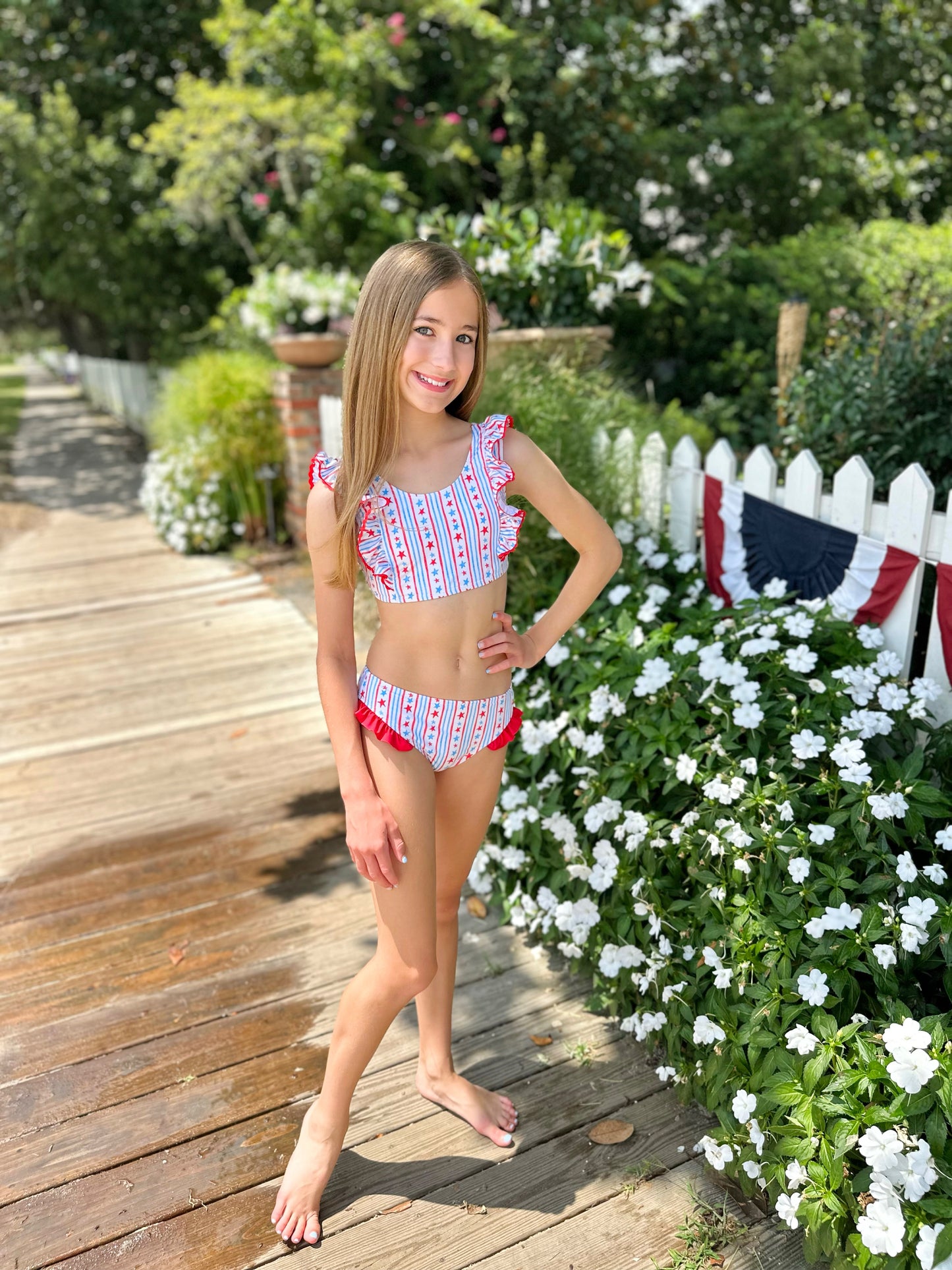 Loren Two Piece Swim - Patriotic Stars and Stripes Swim with Ric Rac *PRESALE*