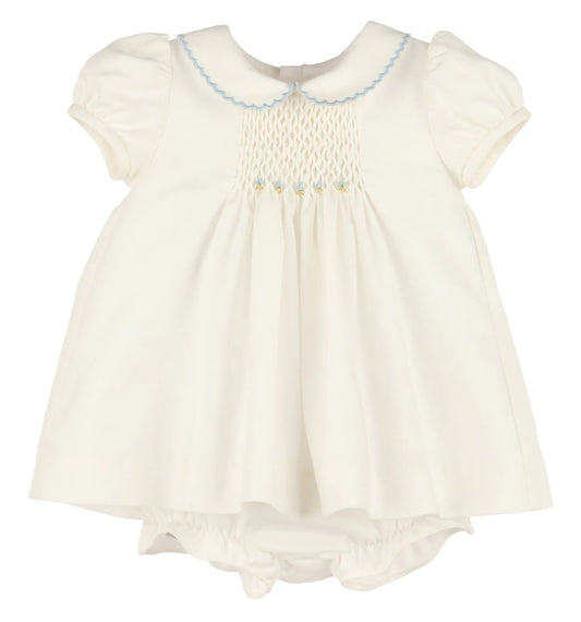 Honeycomb Smocked Dress - Ivory with Blue