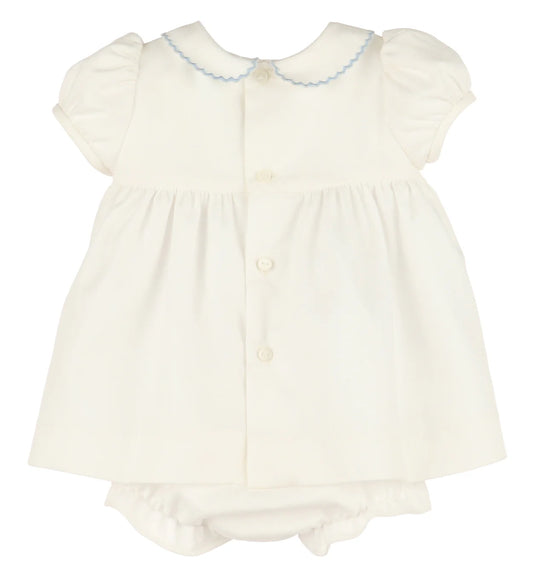 Honeycomb Smocked Dress - Ivory with Blue