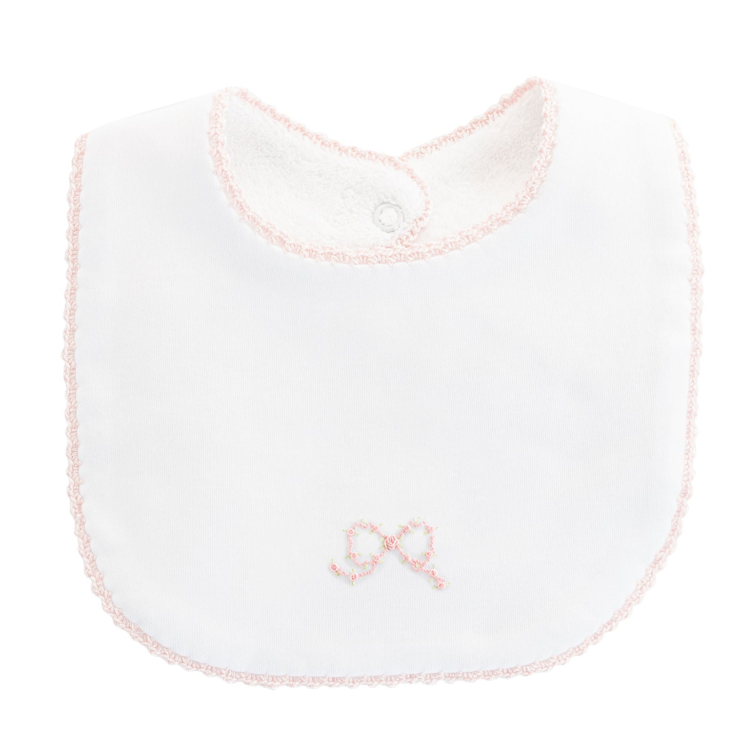 Embroidered Bow Bib with Crochet Trim