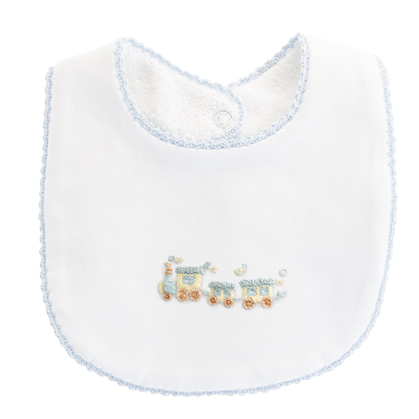 Embroidered Train Bib with Crochet Trim