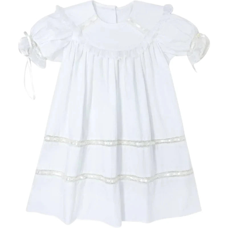 Donahue Dress- Blessings White Batiste with Ecru Lace and Ribbon