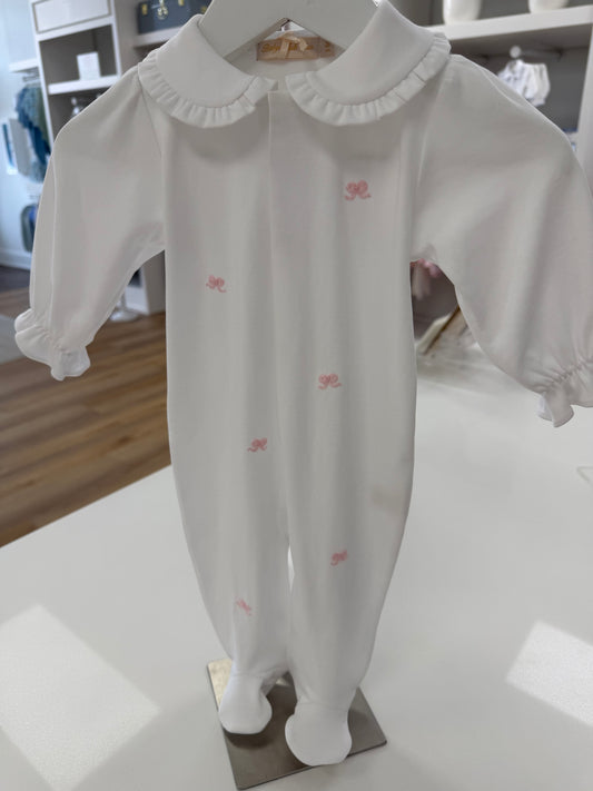 Embroidered Bow Pima Footie with Collar- Pink