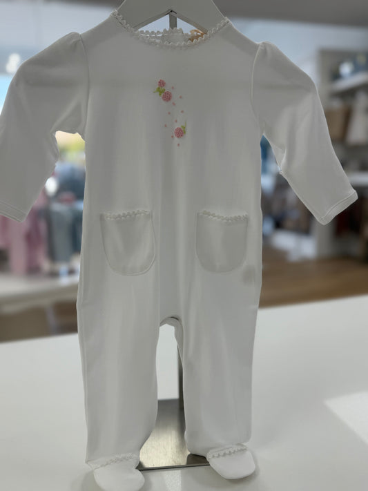 Flower Embroidered Footie with Pockets and Crochet Trim