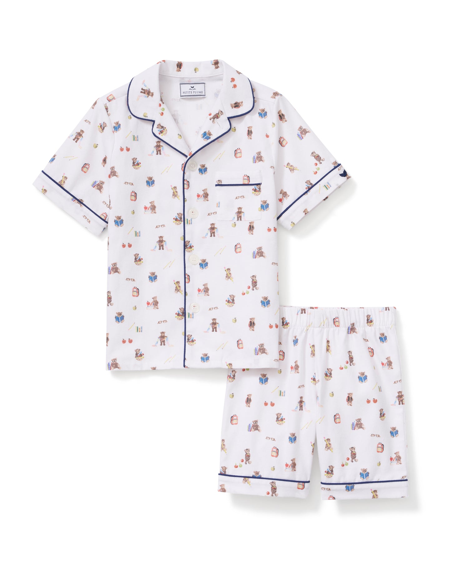 Kid's Twill Pajama Short Set in Teddy Goes To School