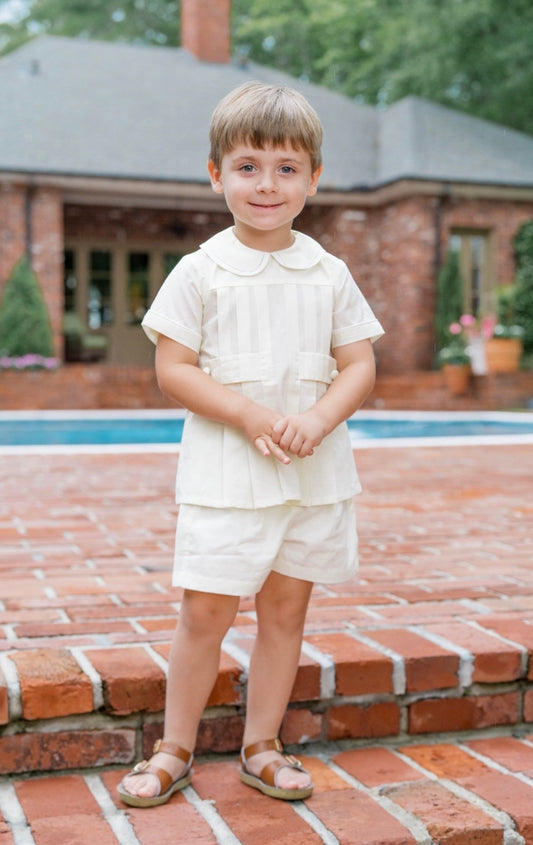 Andrew Short Set- Blessings Yellow Batiste with White Welting