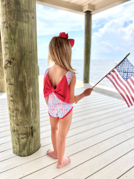 Lottie Bow Back Swim - One Piece Patriotic Stripe Swim with Back Bow *PRESALE*
