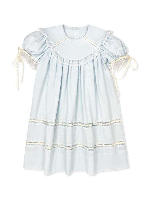 Donahue Dress- Blessings Blue Batiste with Ecru Lace and Ribbon