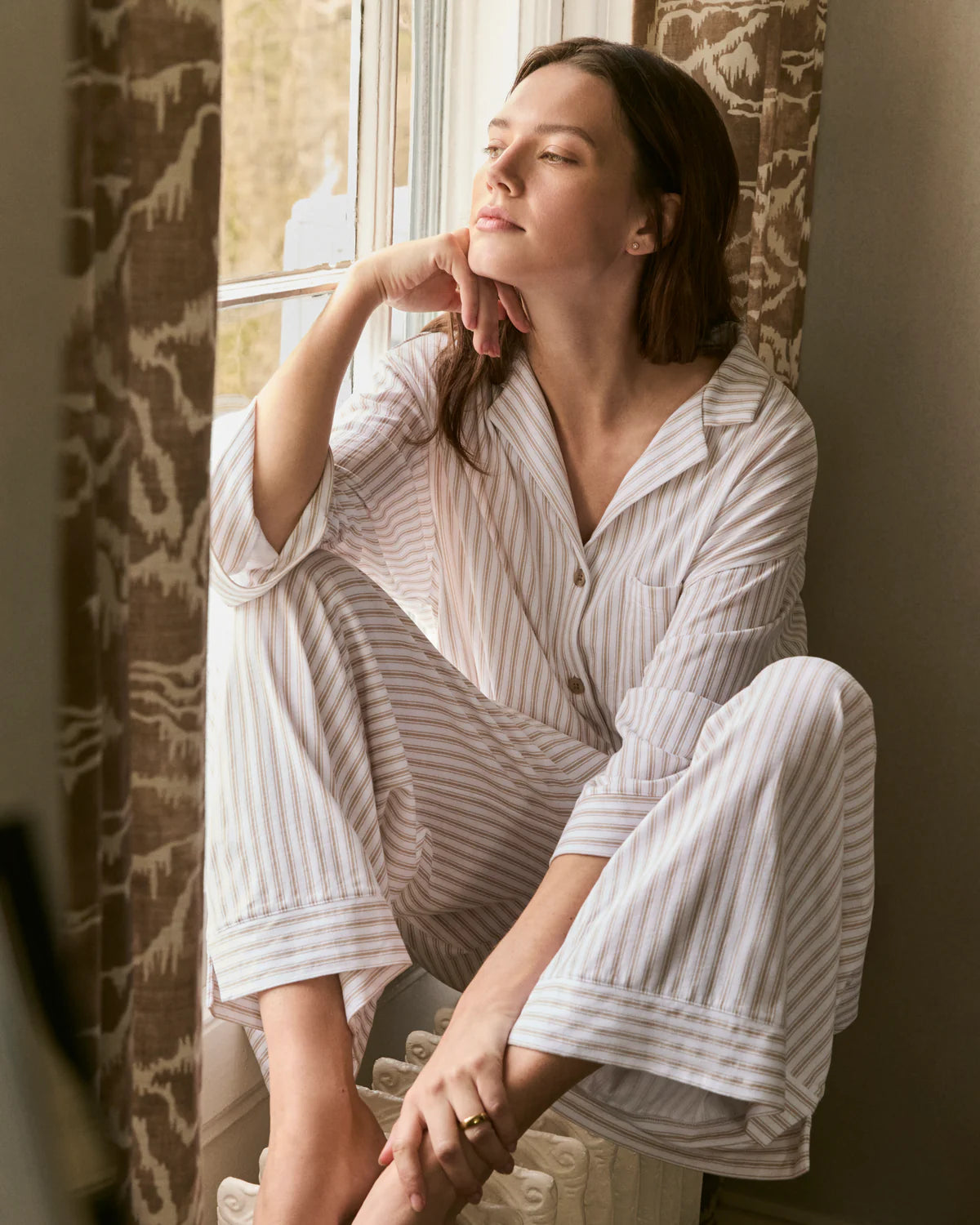 The Olivia Wide Leg Pima Pajama Set in Camel Ticking Stripe
