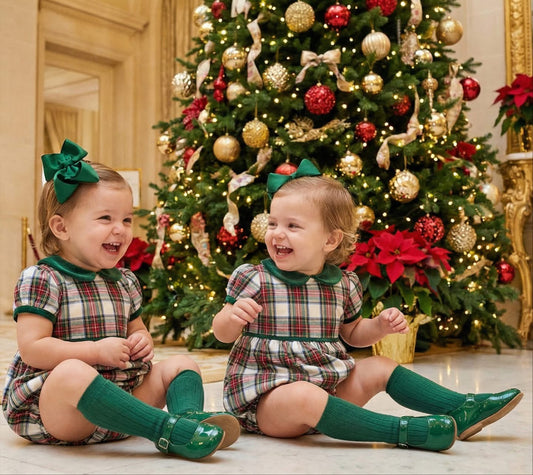 Emerald Green Tartan Romper -Velvet collar and trim