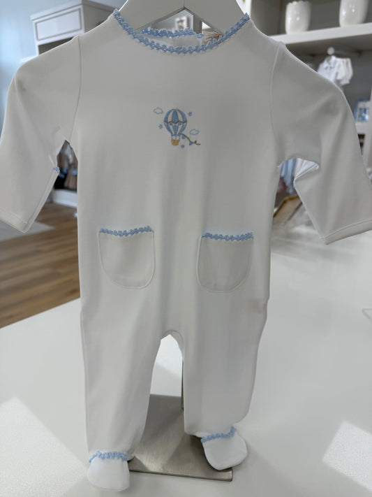 Hot Air Balloon Embroidered Footie with Pockets and Crochet Trim