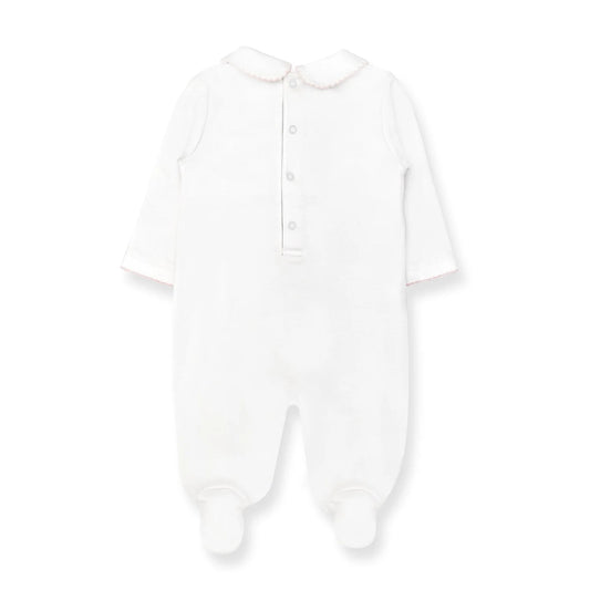 Hand Smocked Pima Playsuit, White & Pink