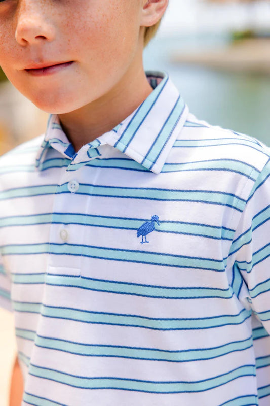 Prim & Proper SS Polo - Worth Ave White Belhaven Blue and Wood Boat Blue Stripe/Wood Boat Blue