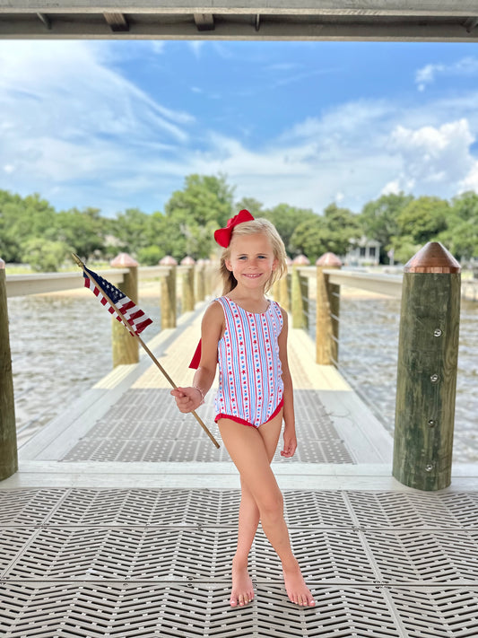 Lottie Bow Back Swim - One Piece Patriotic Stripe Swim with Back Bow *PRESALE*