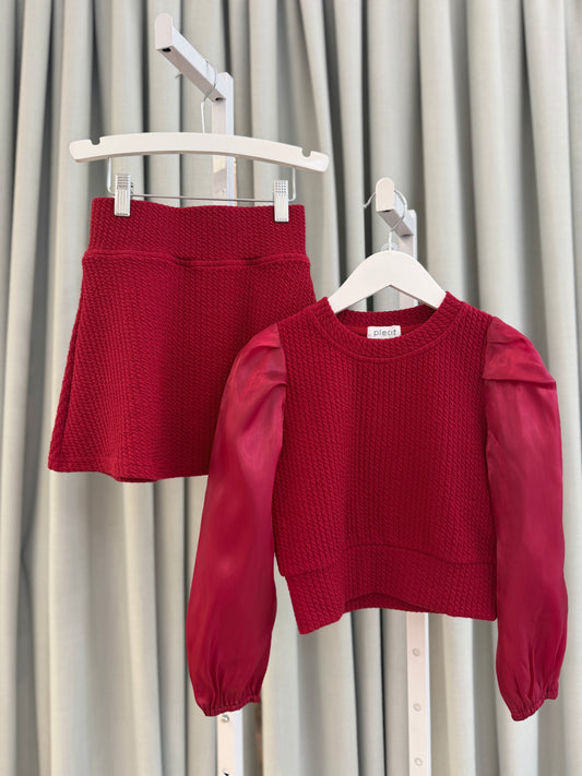 Pleat- Red Textured Skirt Set