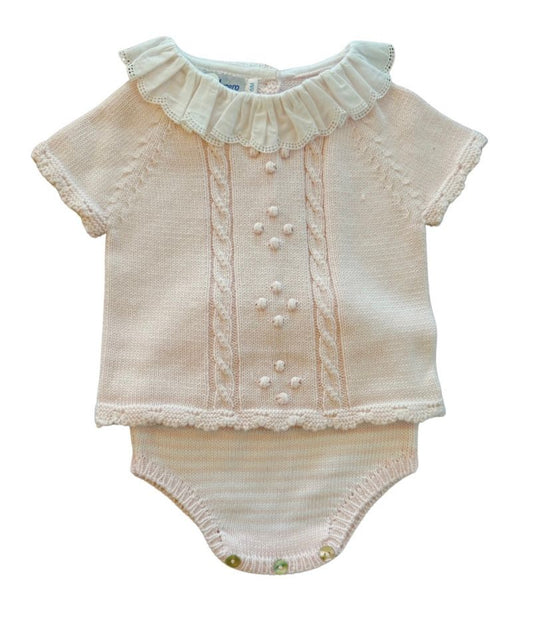 Braided Short Sleeve Ruffle Bonnet Set -  Light Pink/Light Pink/White