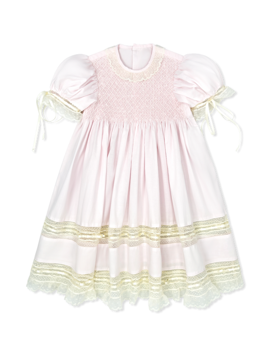 Margaret Dress- Spring Pink Batiste with Ecru Smocking and Lace