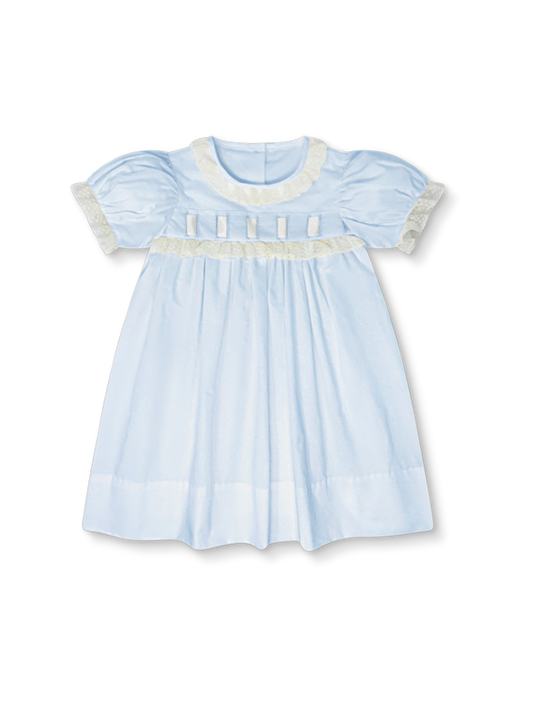 Paris Dress- Blessings Blue Batiste with Ecru Ribbon and Lace