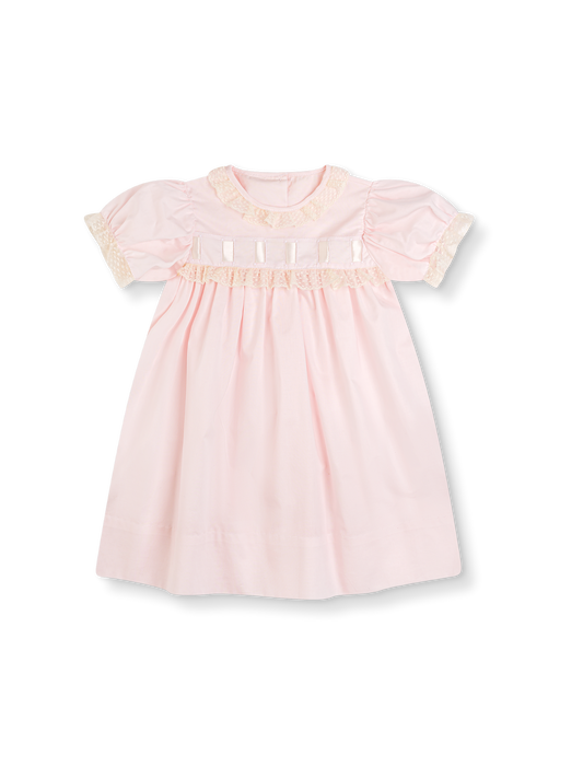Paris Dress- Blessings Pink with Ecru Ribbon and Lace