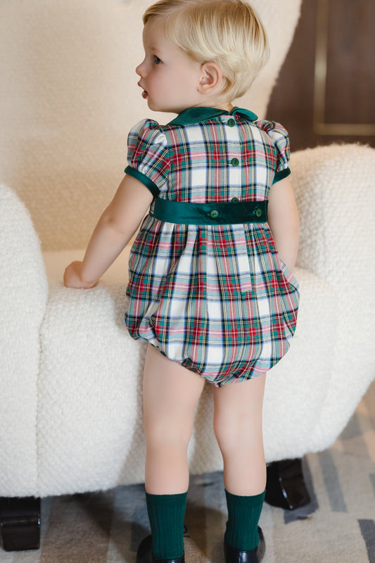 Emerald Green Tartan Romper -Velvet collar and trim