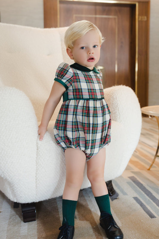 Emerald Green Tartan Romper -Velvet collar and trim