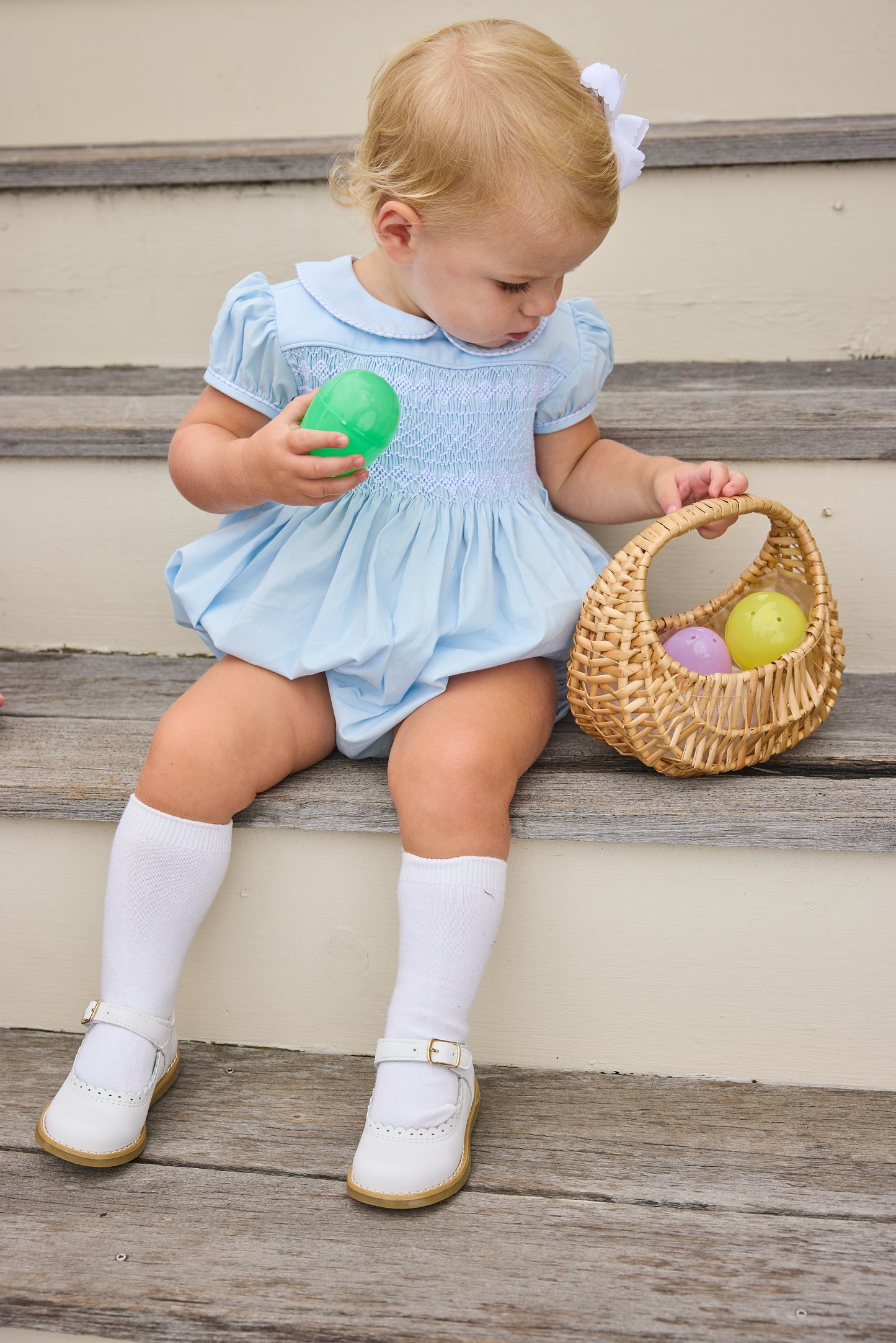 Smocked Emery Bubble - Light Blue with White