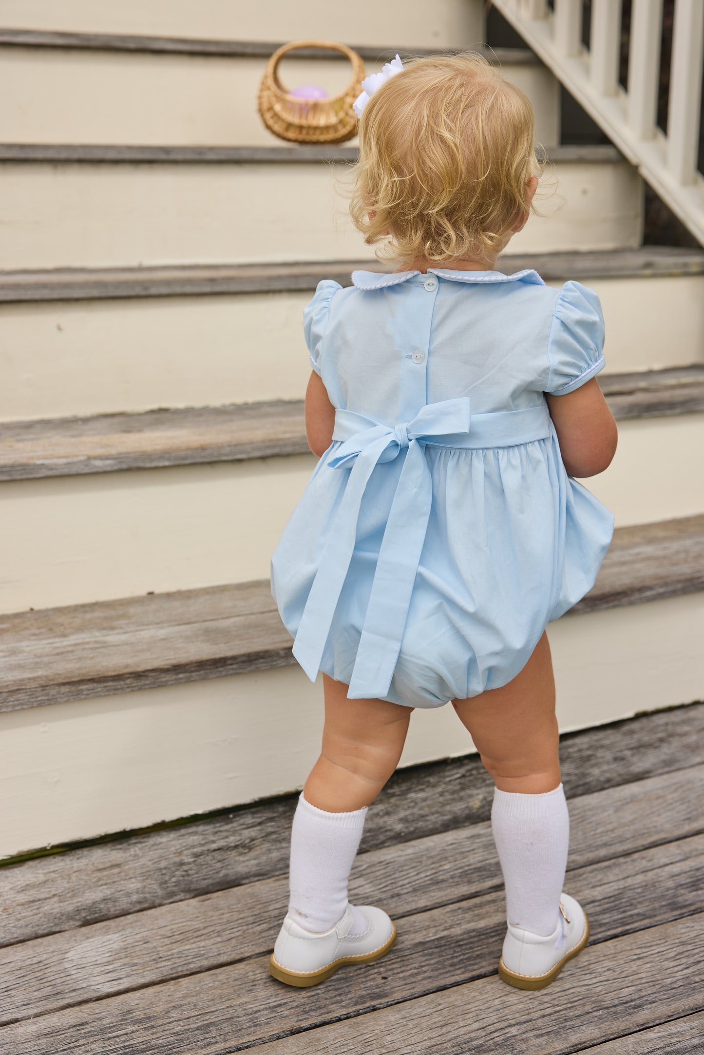 Smocked Emery Bubble - Light Blue with White
