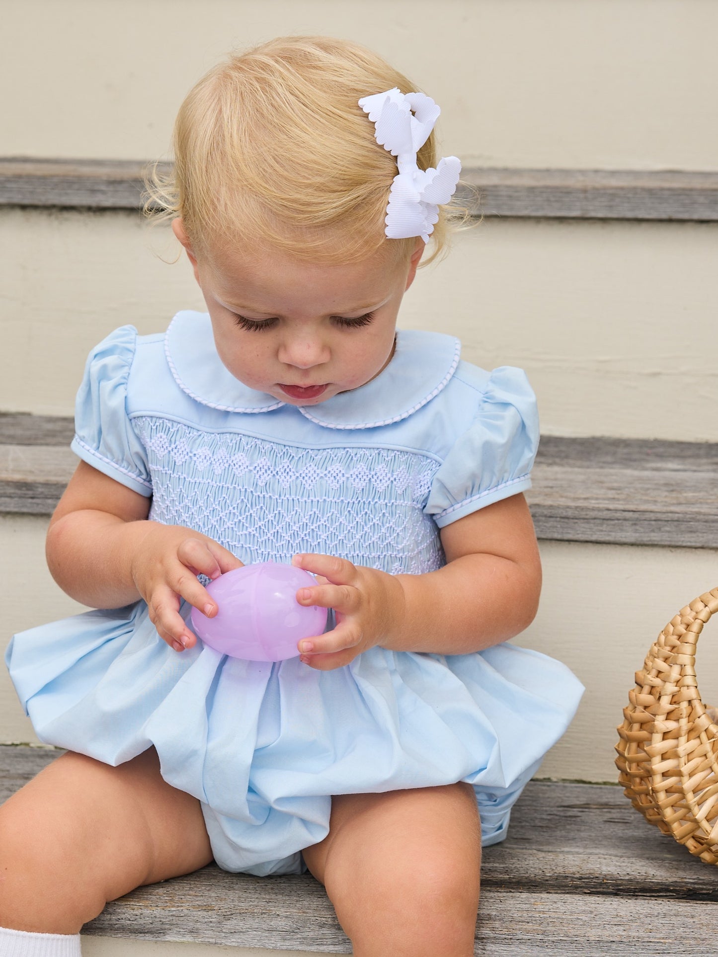 Smocked Emery Bubble - Light Blue with White