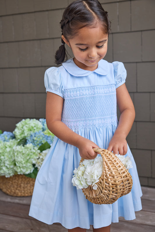 Smocked Emery Dress - Light Blue with White