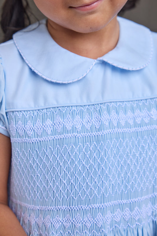 Smocked Emery Dress - Light Blue with White